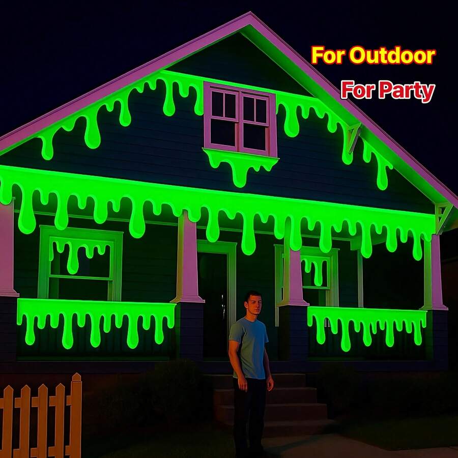 1pc Halloween Green Slime Theme Banner, Glow Under UV Light, Party Slime Banner, Halloween Fence Roof Sign, Green Hanging Bunting Decoration, Suitable For Outdoor Eaves, Doorway, Window, Balcony - Multicolor - View 1