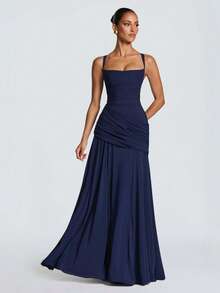 Elegant Women's Casual Party Dresses, Solid Color Strapless Sleeveless Fitted Waist Full Skirt European American Style Prom Dress - 金色 - 查看 11