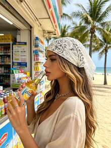 1pc Black & White Lace Hollow Triangle Bandana Headband, Beach Vacation Travel Outfit Accessory, Fashion Waist Wrap Hip Scarf, Premium Solid Color Headband - Multicolor - View 9