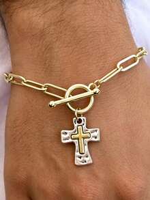 1 pieza Collar de cruz de estilo vintage personalizado y de moda, de doble color, con cadena geométrica de metal y colgante multicolor, adecuado para uso diario, fiesta, festival de música, accesorio diario, regalo para novio - Multicolor - Ver 8