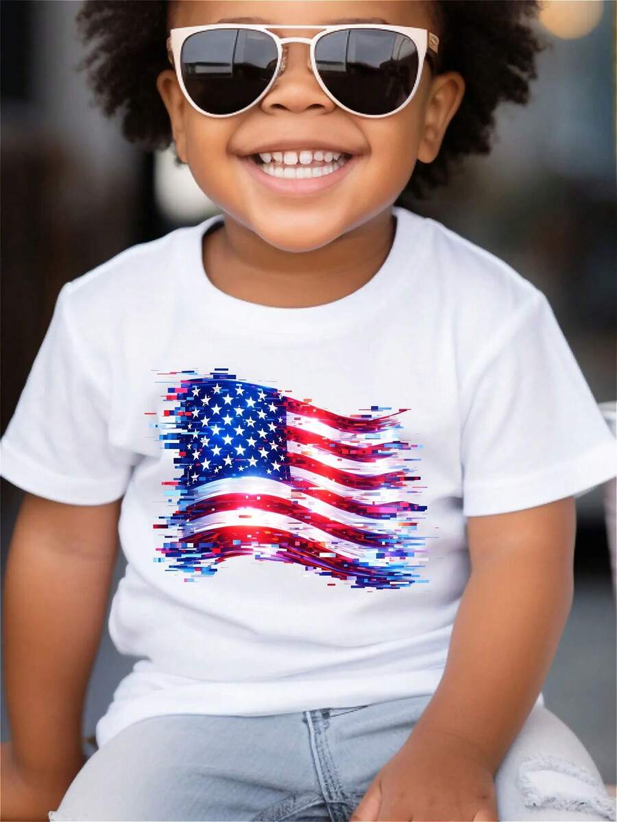 SKETCH DIGITAL GLITCH Short-Sleeved T-Shirt With Round Neck, Bright Stars And Bars Design, Multifunctional, Comfortable And Breathable, Children's Clothing For Kids. - 白色 - 查看 1