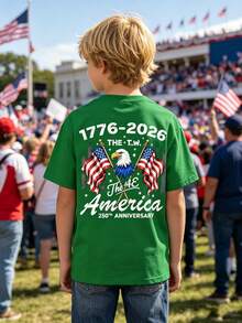 Boys' T-Shirt With American Flag And Bald Eagle For The 250th Anniversary (1776-2026) – 250th Anniversary Of Independence, Loose-Fitting Eagle Print T-Shirt, Gift Idea - 綠色 - 查看 2