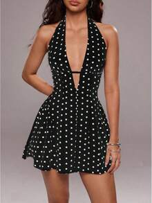 Women's Short Dress With Deep V-Neck And Open Back, Polka Dot Print, Vacation Style, For Summer - Black - View 6