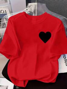 Short-Sleeved T-Shirt With Round Neck And Red Heart Print 9TDB - Red - View 1