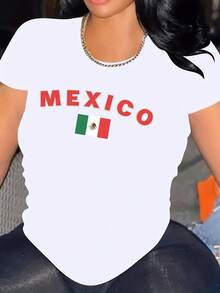 Plus Size Casual T-Shirt With Letter And Mexican Flag Print, Short Sleeve Sports T-Shirt With Round Neck, European Women's Sportswear. - 白色 - 查看 2