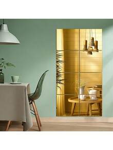 Ensemble de 4, autocollants muraux en miroir acrylique carré doré, 25 cm, accents muraux décoratifs en acrylique auto-adhésifs et amovibles DIY, convient pour le salon, la chambre et le mur du canapé, décoration de la maison; miroir doré pleine longueur, miroir de maquillage - Autocollant miroir acrylique - Voir 5