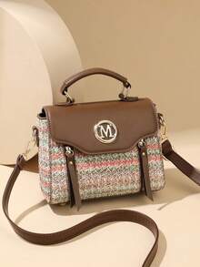 Retro Minimalist Printed Crossbody Bag With Adjustable PU Strap, Flap Closure, New Year - Maroon - View 1