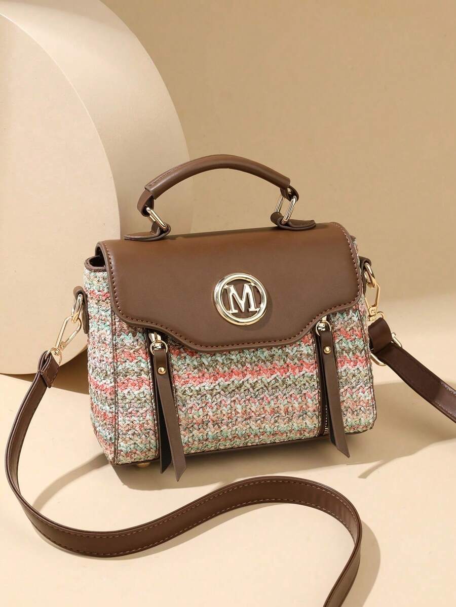 Retro Minimalist Printed Crossbody Bag With Adjustable PU Strap, Flap Closure, New Year - Maroon - View 1