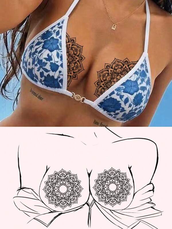 1 Pair Mandala-Pattern Chest Tattoo Sticker-Sexy Succubus-Style Y2K Chest Decal / Semi-Permanent Waterproof Tattoo; A Realistic Temporary Tattoo Perfect For Raves, Music Festivals, Parties, And Holiday Gifts.
