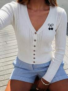 女士V领收腰修身长袖罗纹针织开衫，精致性感温柔的法式简约通勤风，适合日常通勤、约会、下午茶、叠穿、社交聚会等场合，白色 - 白色 - 查看 6