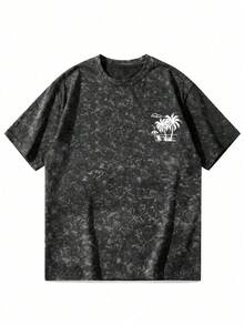 Men's Resort Style Printed T-Shirt With Retro American Coconut Tree Design, Versatile Urban Fashion Top With Distressed Look - Black - View 1