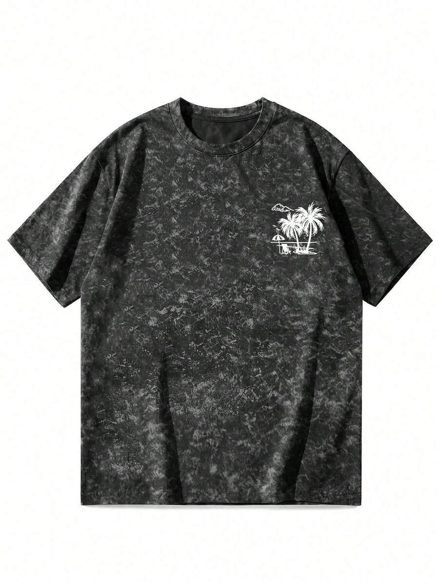 Men's Resort Style Printed T-Shirt With Retro American Coconut Tree Design, Versatile Urban Fashion Top With Distressed Look - Black - View 1
