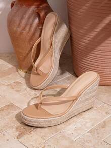 Damen-Zehentrenner-Sandalen mit runder Zehenpartie, weiß, lässig für den Alltag, sexy und vielseitig, Slip-On mit Seil-Keilabsatz, dicker Sohle, für Outdoor und Strand, elegante High-Heel-Schuhe - Aprikosenfarben - Übersicht 6
