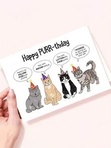1pc "Happy PURR-Thday" Funny Cat Birthday Card With Envelope – Punny Party Cats Cartoon Design – Humorous Greeting For Cat Lovers – Blank Inside - A - View 7
