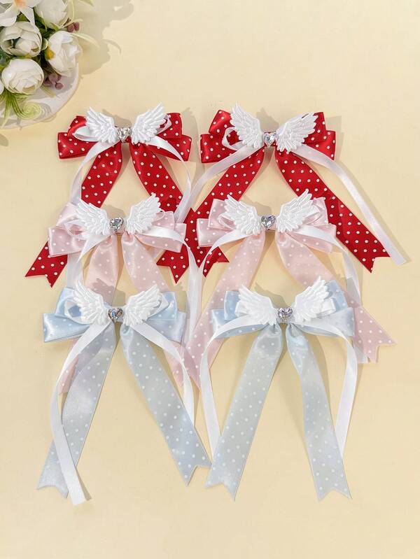 2pcs Smooth Polka Dot Satin 3D Bow Long Ribbon Side Clips, 3D Angel Wings Heart Rhinestone Embellished Gentle Side Fixing Hair Clips, Women's Daily Commute Picnic Date Photo Hair Accessories, Sold As A Pair, Multiple Color Options, Designed For Organizing Loose Hair