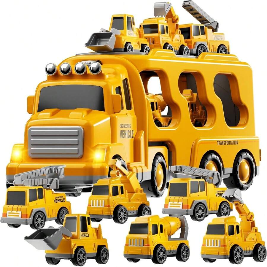 Camiones de Juguete para Niño 7 en 1, Carros para Niños con Luz y Sonidos, Carros de Bomberos con Camiones de Transporte de Inercia, 5 Mini Coches y 1 Avión, Juguetes Regalo para Niños 3-10 Años - Amarillo - Ver 1
