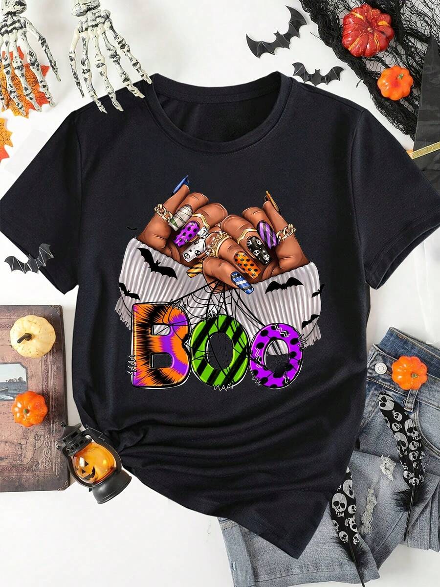 BOO Halloween Manicure Print T-Shirt, Short Sleeve, Round Neck, Casual Style For Summer And Spring, Women's Clothing. - 黑色 - 查看 1