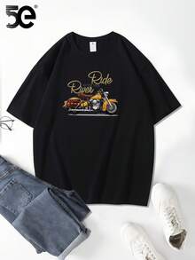 [Tion] 5E Brand Loose Fit Printed T-Shirt, 100% Cotton, Heavyweight, New, Pure Cotton, Short Sleeve, Summer, Loose Round Neck, Fashion T-Shirt For Men - 黑色 - 查看 3