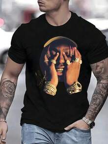 Urban Portrait With Gold Jewelry And Rapper Attitude Symbolizing Success And Extreme Luxury On This Modern Men's T-Shirt For Everyday Wear - 黑色 - 查看 1