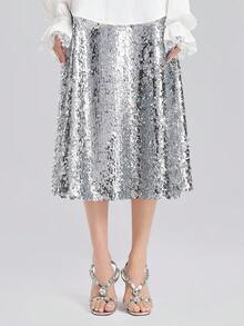 Rich Radi Q's Women's Silver Sequin A-Line Midi Dress, Suitable For Party And Casual Occasions, Made Of Non-Stretch Fabric - Silver - View 1