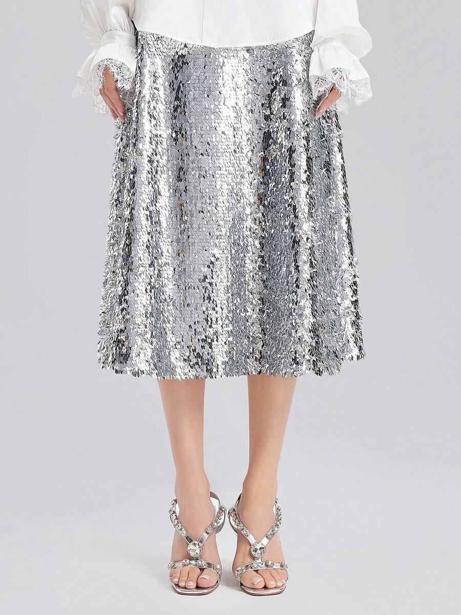 Rich Radi Q's Women's Silver Sequin A-Line Midi Dress, Suitable For Party And Casual Occasions, Made Of Non-Stretch Fabric - Silver - View 1