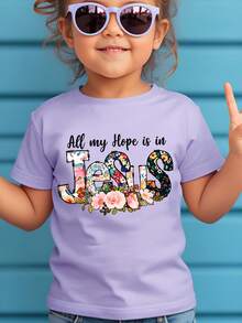 Girls' Round Neck T-Shirt With Letter And Flower Print "All My Hope Is In Jesus", Sweet And Versatile. - Army Green - View 6