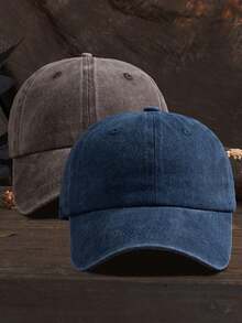 Men's Solid Baseball Cap, Casual - Navy Blue + Brown - View 1