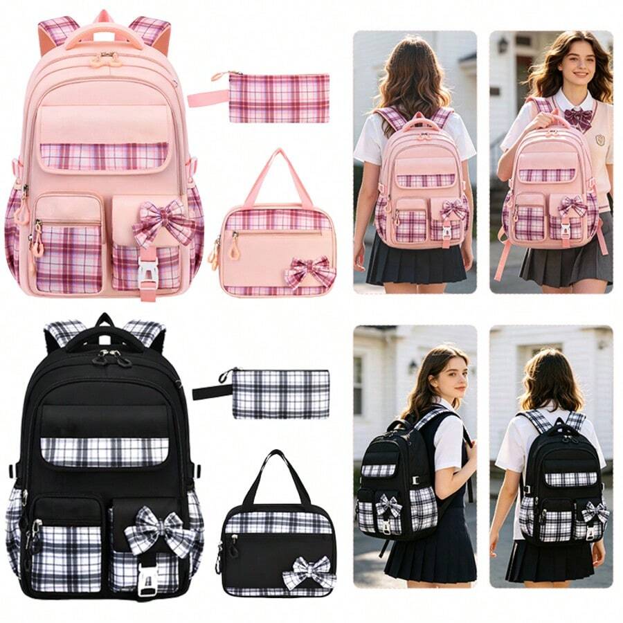 3pcs Bowknot DIY Girls Backpack Strap, Tote Bag And Pencil Case, Backpack For Travel, School, Work, Daily Use, Back To School Gift - A - View 1