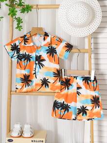 2pcs/Set, Little Boy, Soft & Comfortable, Casual & Cute, Coconut Palm Print Shirt And Sports Shorts, Boys Outfit, Boys Clothing, Boys Summer Clothing, Suitable For Daily Wear, Vacation, Party, Outdoor Activities - Multicolor - View 4