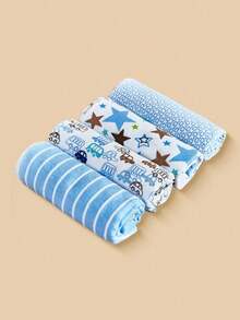 4pcs Multi-Color Newborn Swaddle Blanket Set. Single Layer Cartoon Swaddle Blanket, Printed Bed Sheet For Baby Warmth And Care, Neutral Baby Swaddle Blanket Set, Simple And Cute Design, Perfect Birth Gift For Baby - 藍色 - 查看 10
