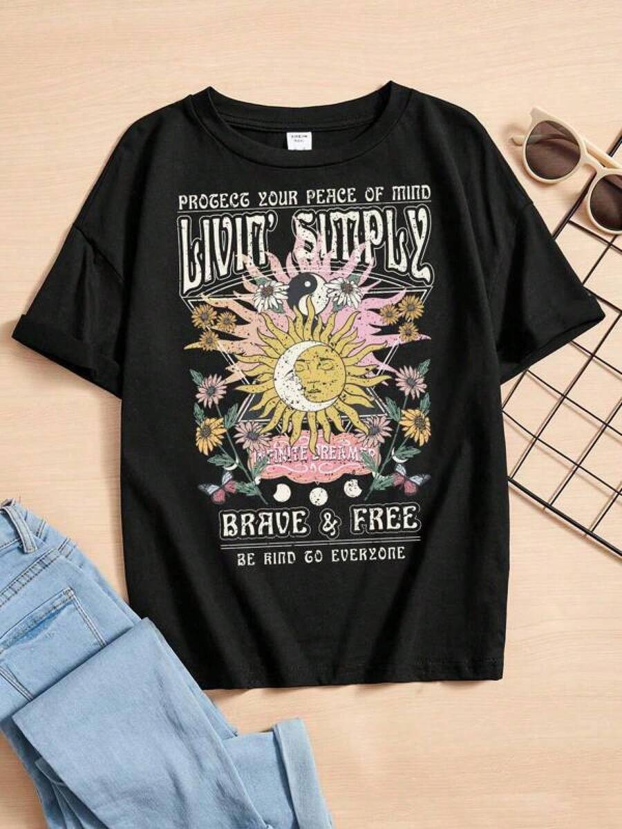 Leap Crew Teen Girl Sun & Slogan Graphic Drop Shoulder Tee Casual Summer T-Shirt For Men, Comfortable Outdoor Casual Wear, Teen Youth Dress, Graduation Dresses - 黑色 - 查看 1