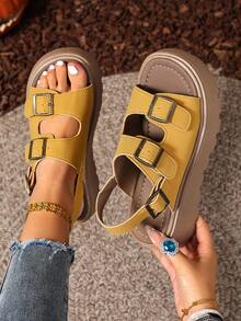 Women's Thick Sole Sandals, [1 Pair] Yellow Open Toe Back Strap Adjustable Double Buckle Design, Height-Increasing Comfortable For Vacation, Casual Outdoor Beach Shoes, Soft Sole Comfortable Daily Commute Platform Shoes - Yellow - View 3