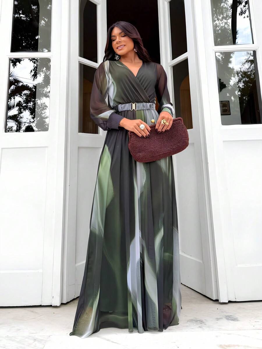 Women's Long Sleeve Jumpsuit, Semi-Transparent, Lined, Lightweight, V-Neck, Comfortable, Fresh, Casual, Elegant, Sizes M And L, Printed And Solid - 墨綠色 - 查看 1