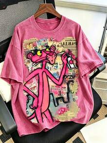 Vintage Acid Wash Pink Oversized T-Shirt, Retro Comic Newspaper Collage Graffiti Spray Paint Graphic Loose Fit 230g Heavyweight Men's Washed Tee - 髒髒洗玫紅色 - 查看 1