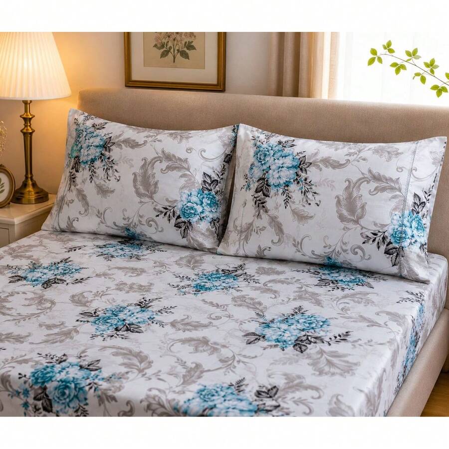Jogo Simples de Lençol com Elástico e Fronha – Toque Macio e Confortável para o Dia a Dia - FLORAL TURQUESA - Visão 1