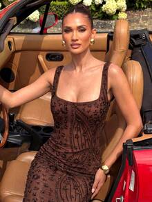 UNITHORSE Women's Square Neck Backless Cinched Waist Floral Beaded Elegant Evening Dress - Coffee Brown - View 3
