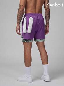 Zenbolt Men's 2-In-1 Elastic Waist Shorts,Camo Liner Inside, Side Letter Print Gym Clothes Men, Adjustable Drawstring For Daily Casual Matching - Purple - View 3