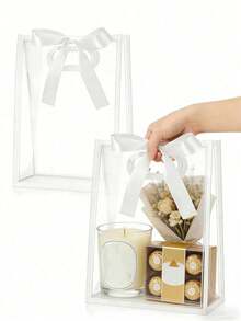 1/3/5pcs Transparent Gift Bags, White Trim With Satin Bow, Reusable Clear PVC Tote Bags, Suitable For Weddings, Bridal Showers, Birthday Gift Packaging, Also Suitable For Boutique Flower Display - Multicolor - View 4