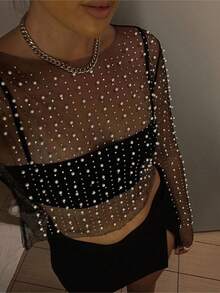 Women See Sheer Sparkle Pearl Rhinestone Studded Top Round Neck Long Sleeves See Through Mesh Blouse For Wedding Guests - Black - View 1