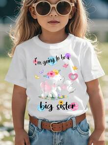 Girls' Short-Sleeved T-Shirt, Summer Style, With "I'm Going To Be A Big Sister" Print And Two Cute Cartoon Elephants, Casual And Versatile Top NY-DX9297 - 紅色 - 查看 6
