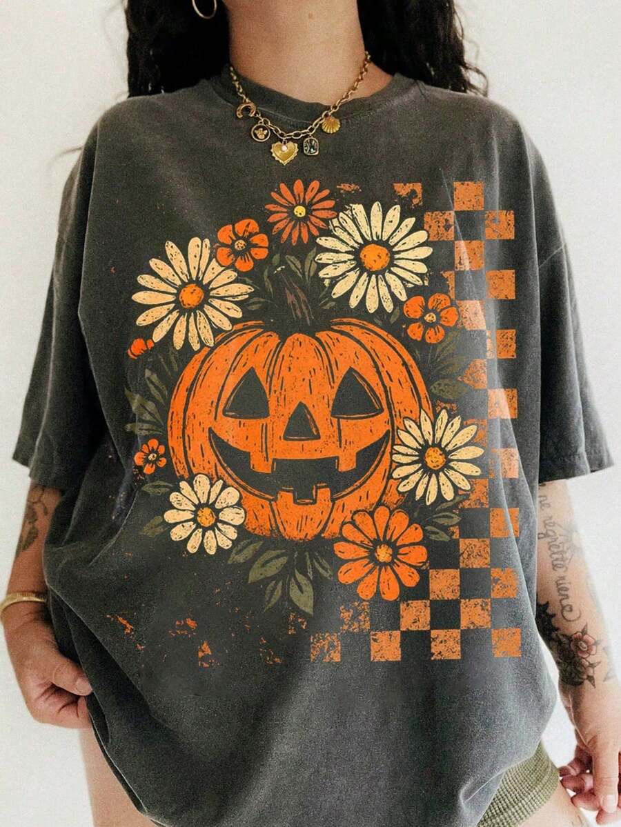 Kaos Vintage Halloween Setan dengan Leher Bulat dan Bahu Longgar untuk Wanita Ukuran Besar - Dark Grey - View 1