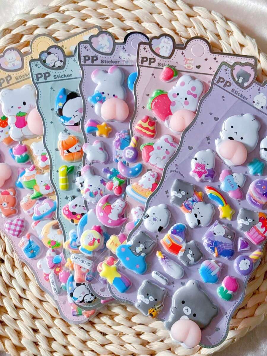 Pegatinas de PVC con relieve 3D con patrón de melocotón lindo, estilo retro Y2K, diseño creativo de oso & conejo para alivio del estrés, pegatinas DIY - Multicolor - Ver 1
