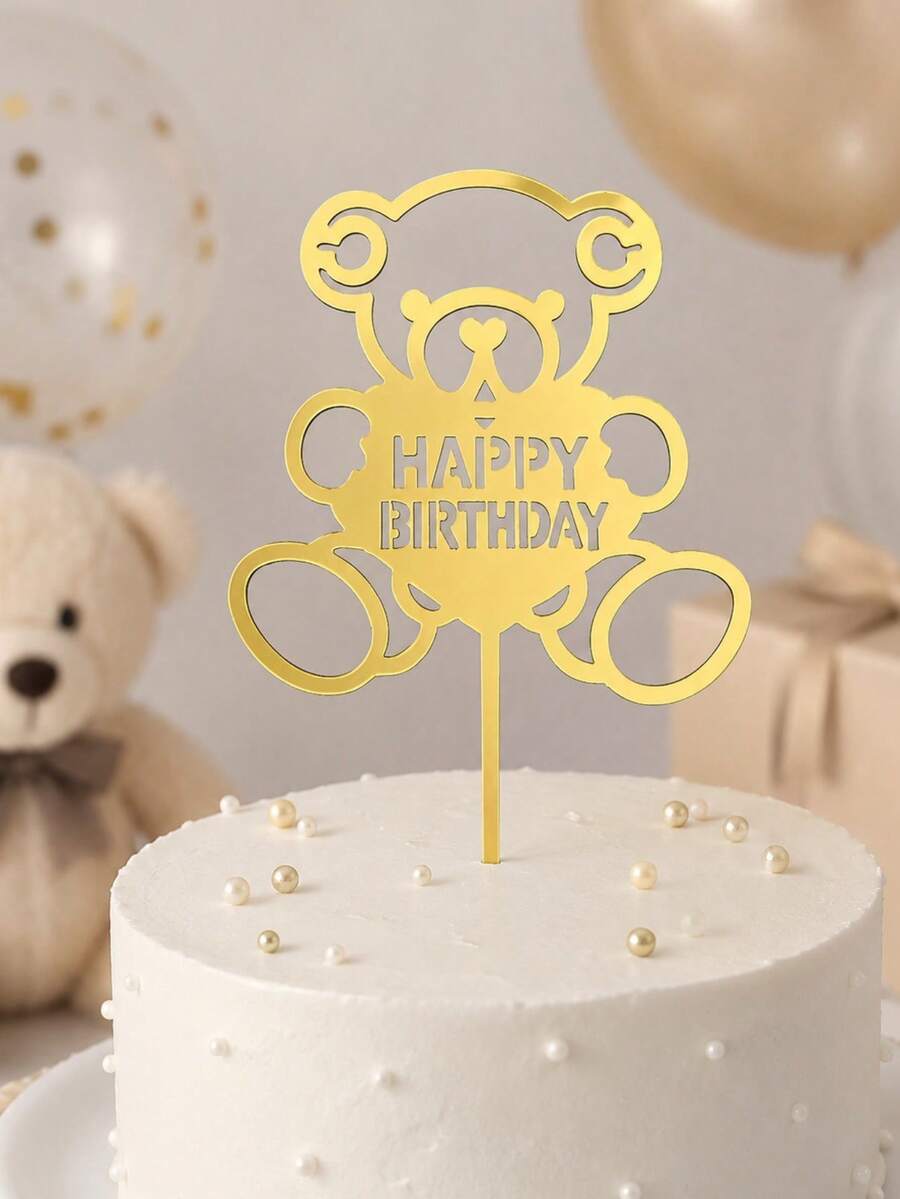 3件組金色鏡面泰迪熊生日快樂PMMA蛋糕裝飾插牌,壓克力熊生日蛋糕裝飾,適用兒童派對、寶寶生日、甜點桌與烘焙用品 - A - 查看 1