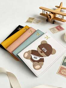 Cute Bear Pattern Passport Holder, Lightweight PU Leather Passport Cover With Airplane Print, Portable Travel Document Organizer, Gift For Travel Enthusiasts - Multicolor - View 2