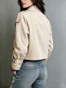 Women's Chic Cropped Trench Coat Classic Lapel Long Sleeve Button Front For Business, Office, Casual, Spring Summer Fall Winter - Apricot - View 2