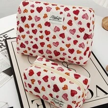 3合1水彩混色紅橘愛心格紋印花絎縫棉製洗漱包套組，大號手提洗漱包 + 中號與小號化妝收納包，便攜旅行護膚品與刷具收納袋，甜美女孩風情人節生日禮物 - 彩色 - 查看 12