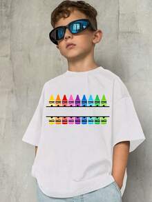 Kids' T-Shirt With Rainbow Crayon Print - Fun And Creative Style For School Or Art Activities - 白色 - 查看 3