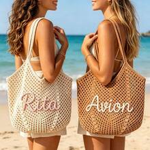 CFUNIQ 1pc Personalized Crochet Beach Tote Bag With Name, Custom Bridesmaid Gift Bag, Travel Beach Crochet Handbag, Large Capacity Summer Beach Bag, Unique Wedding Favor Bachelorette Party Supply - Multicolor - View 6