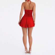 Nuevo vestido asimétrico sexy para mujer con escote en V profundo, cuello halter, espalda descubierta y cordones. - Blanco - Ver 3