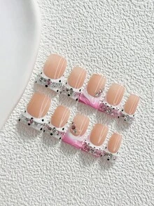 10pcs Y2K Style Handmade Press-On Nails, Polka Dot Wave Pattern Pink & White Water Ripple Poly Gel Nail Art Set, Rhinestone Embellished, Pink & White Nail Polish, Cool & Edgy Style, Includes Nail Tools, 3 Sizes Available, Almond/Duck/Coffin Shape, Suitable For Party, Dancing, Daily Wear - 彩色 - 查看 2